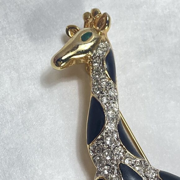 Vintage Gold Tone Giraffe Brooch with White Rhinestones and Black Enamel - Picture 6 of 6